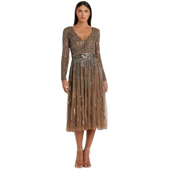 MAC DUGGAL 5528 Long Sleeve Tea Length Midi Dress Sz 2 Dark Taupe NWT $398 ✨ - Picture 1 of 14